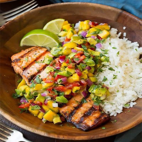 Gilled Lime Salmon with Mango Salsa and Coconut rice
